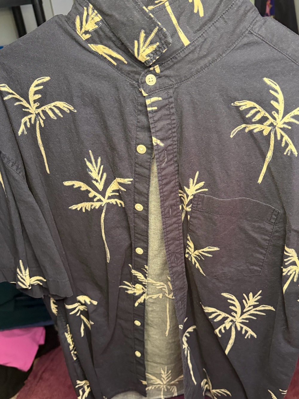 American Eagle Outfitters Navy Short-Sleeve Palm Print Button-Up